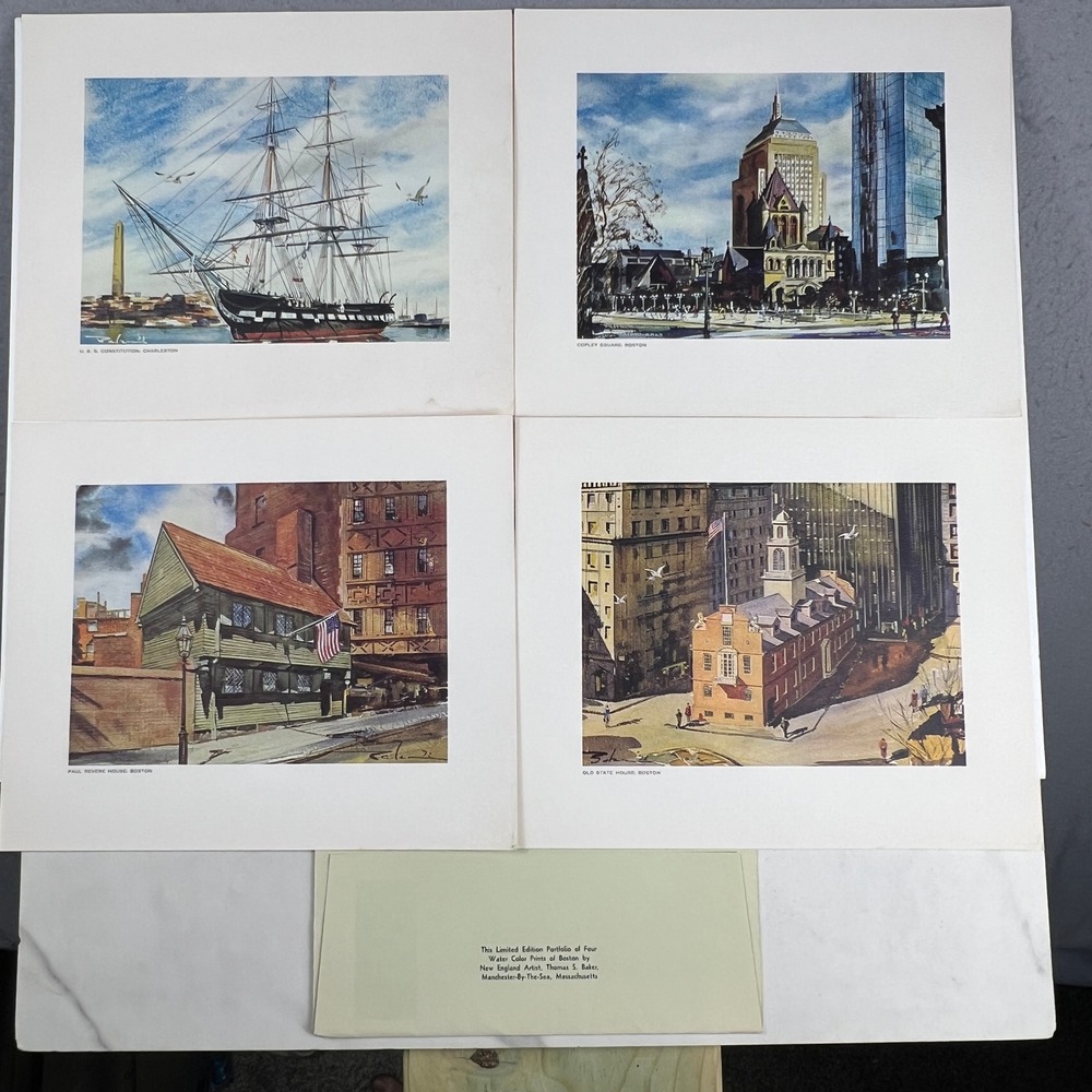 Thomas S. Baker Boston Watercolor Prints Set 4 11x14 Historical Landmark Art